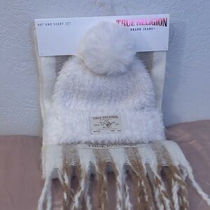 True Religion Fluffy White and Tan Hat & Scarf Set
